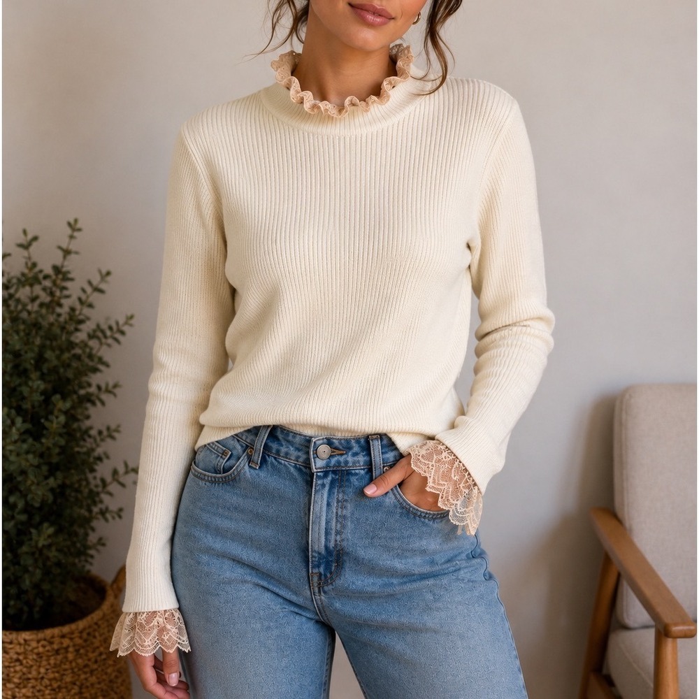 Moon‎ River Lace Trim Rib Knit Sweater Top M Ivory Mock Neck Romantic Coquette